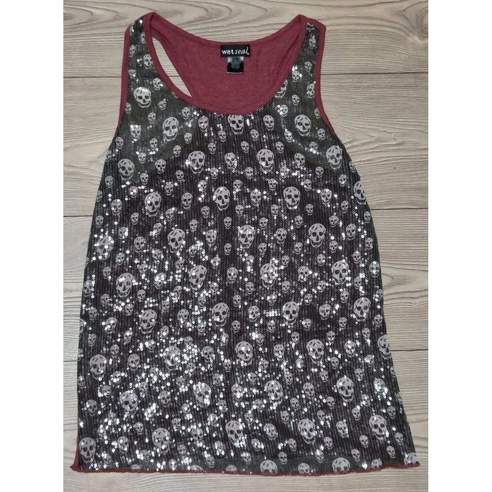 Vintage Y2K Wet Seal Tank Top‎ Shirt Skulls Sequins Womens Small Mallcore Cute